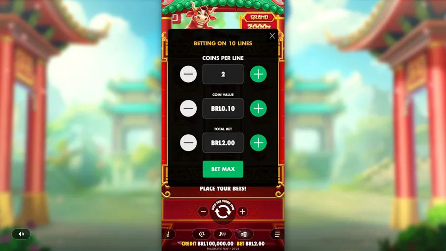 Bet menu of Touro Sortudo: ten lines, one coin per line, coi