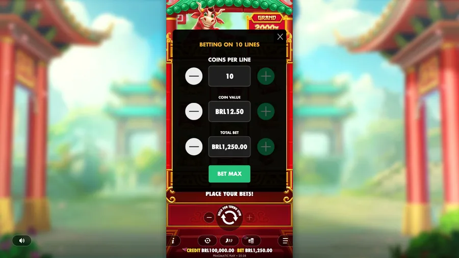 BET MAX in Touro Sortudo sets ten coins of 12.50 per line fo